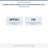 FLEXKIN Hyal-Storm Ageless Luminous Suncream SPF 50+ PA+++ key formulation card