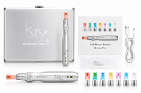 Krx Microneedling Photo Pen kit contents: derma pen, 7 LED photon cartridges, charging cable, needle cartridge and aluminium case